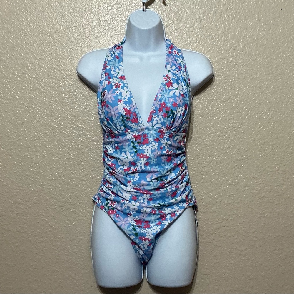 Blue Floral Halter Neck Swimsuit